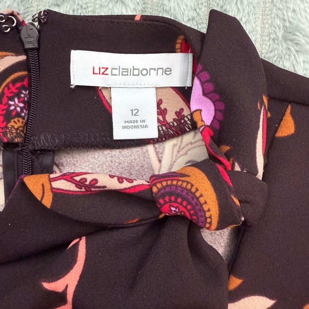 Liz Claiborne Floral Sheath Dress Womens 12 Paisley 3/4‎ Sleeves Tie Neck Midi - Picture 4 of 8